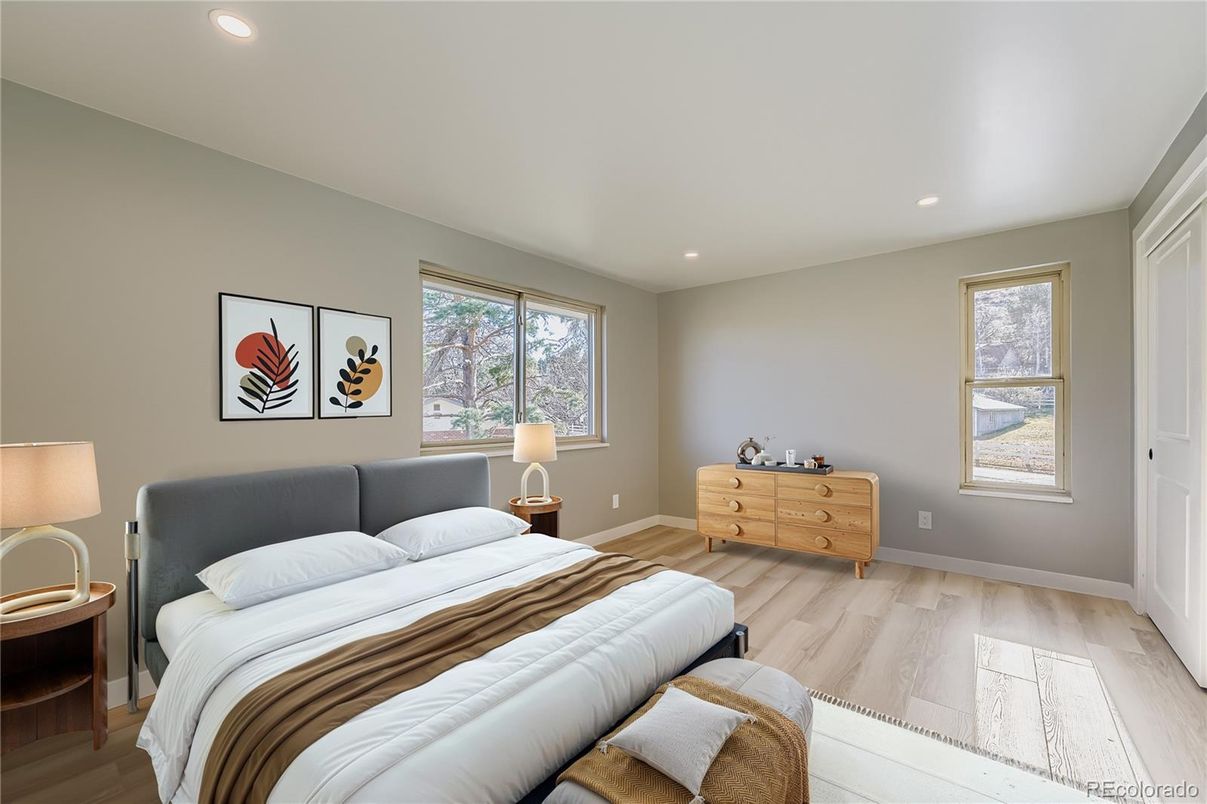 Bedroom, Interior, Recessed Lighting, Wood Texture Flooring