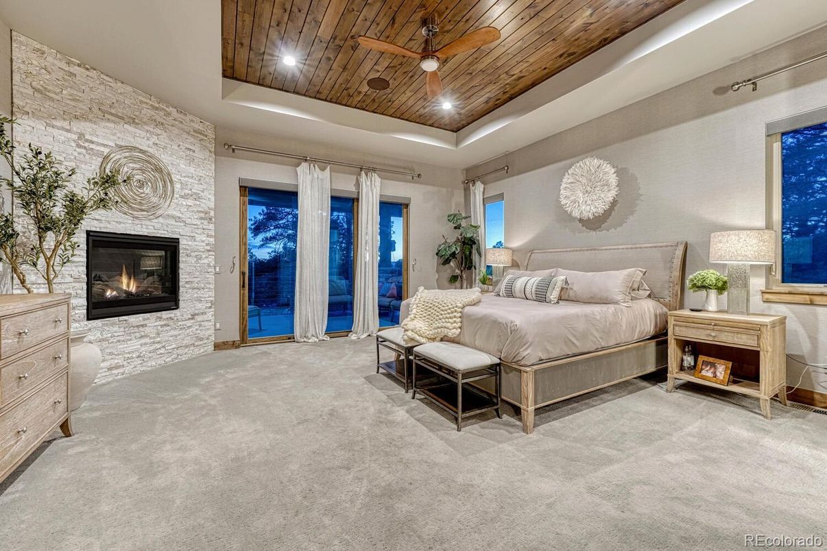 Bedroom, Fireplace, Interior, Recessed Lighting, Stone Walls, Wooden Ceilings
