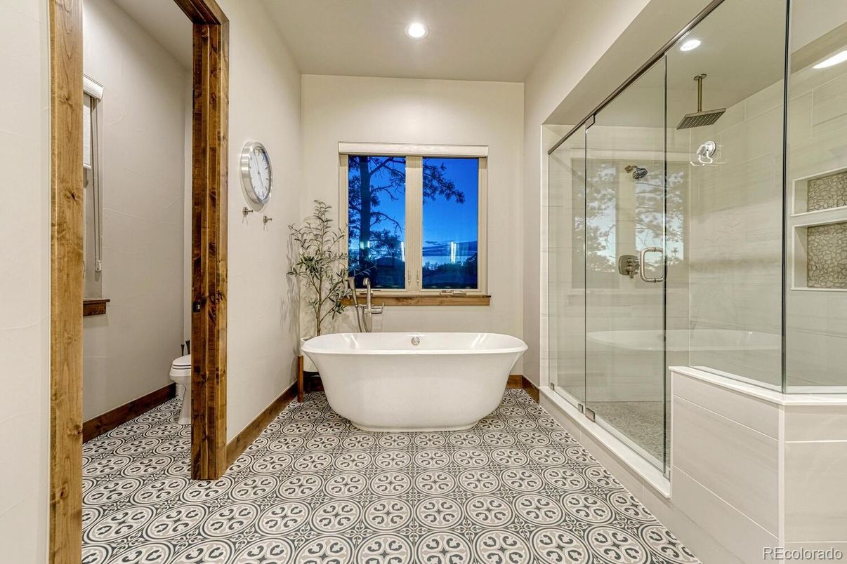 Bathroom, Free Standing Baths, Glass Shower, Interior, Recessed Lighting