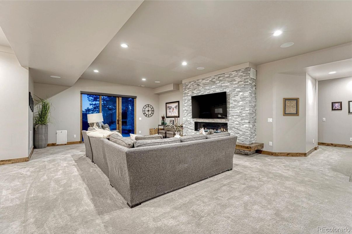 Fireplace, Interior, Living room, Recessed Lighting, Stone Walls