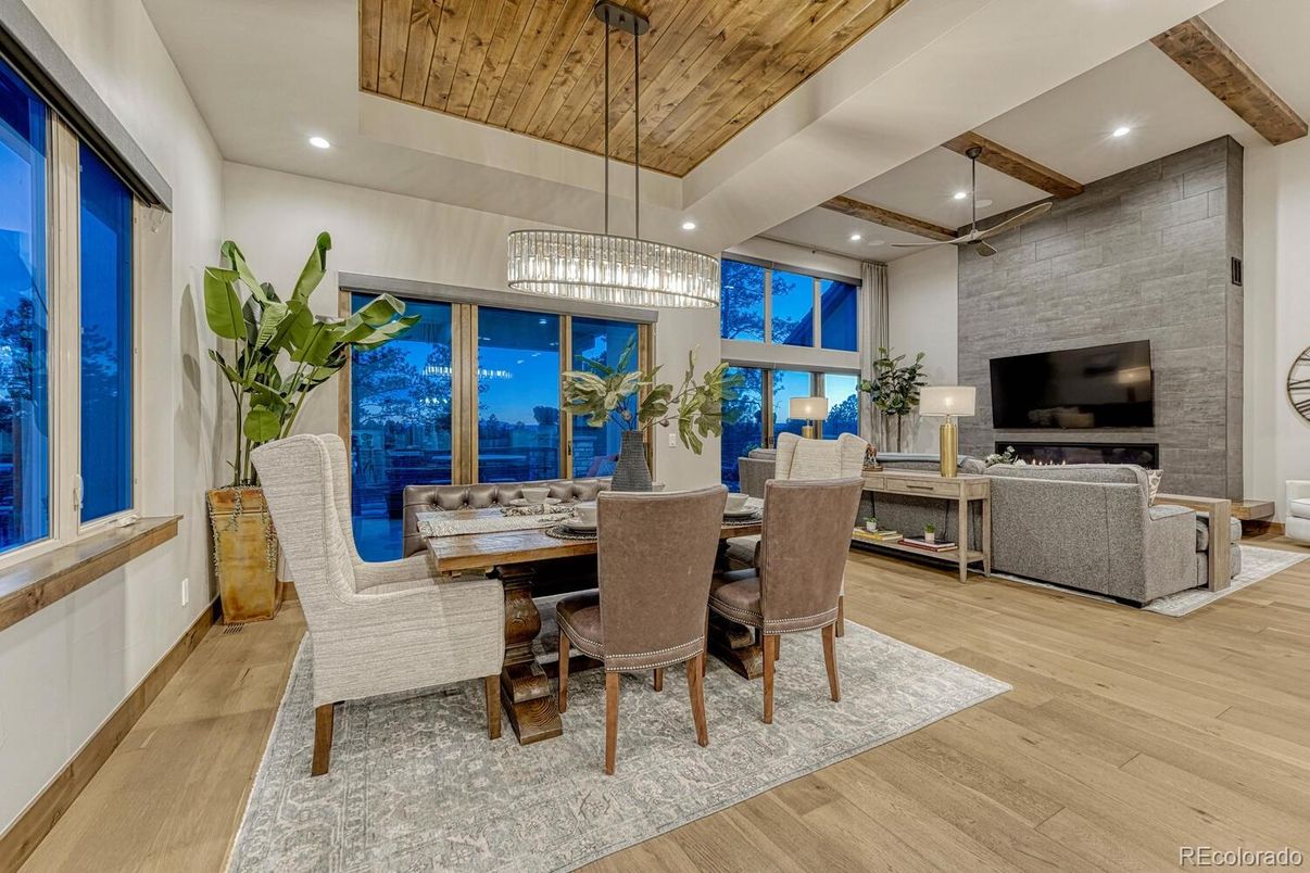 Dining room, Interior, Living room, Pendant Lights, Recessed Lighting, Stone Walls, Wooden Beams, Wooden Ceilings, Wood Texture Flooring