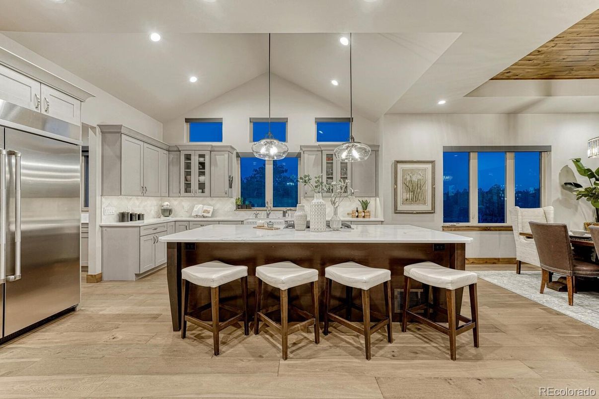 Dining room, Interior, Kitchen, Pendant Lights, Recessed Lighting, Stainless Steel Appliances, Wood Texture Flooring