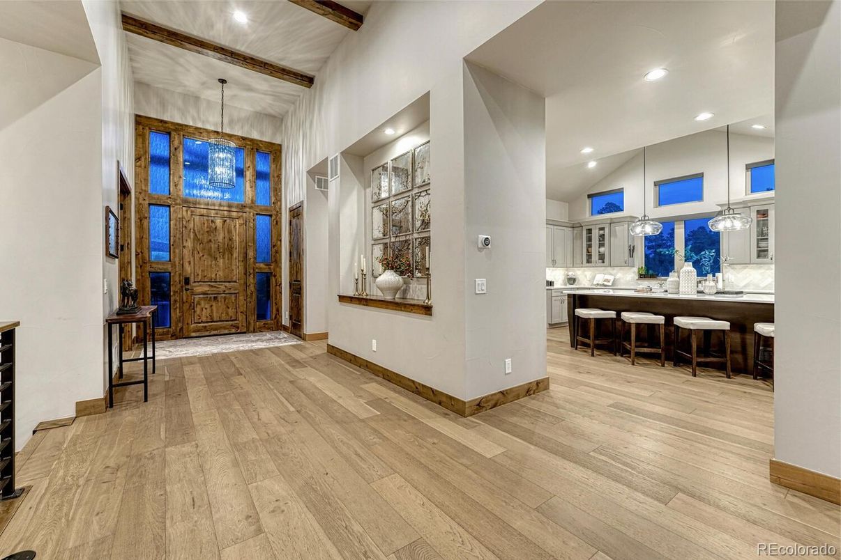 Interior, Pendant Lights, Recessed Lighting, Wooden Beams, Wood Texture Flooring