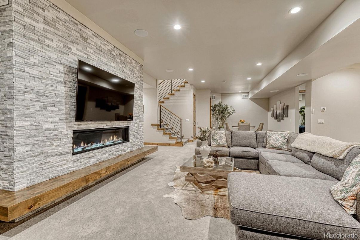 Fireplace, Interior, Living room, Recessed Lighting, Stone Walls