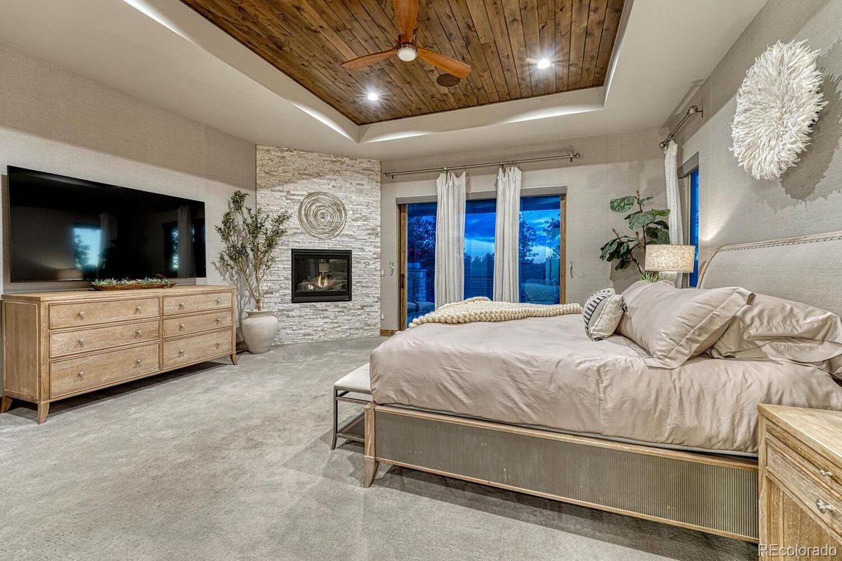 Bedroom, Fireplace, Interior, Recessed Lighting, Stone Walls, Wooden Ceilings