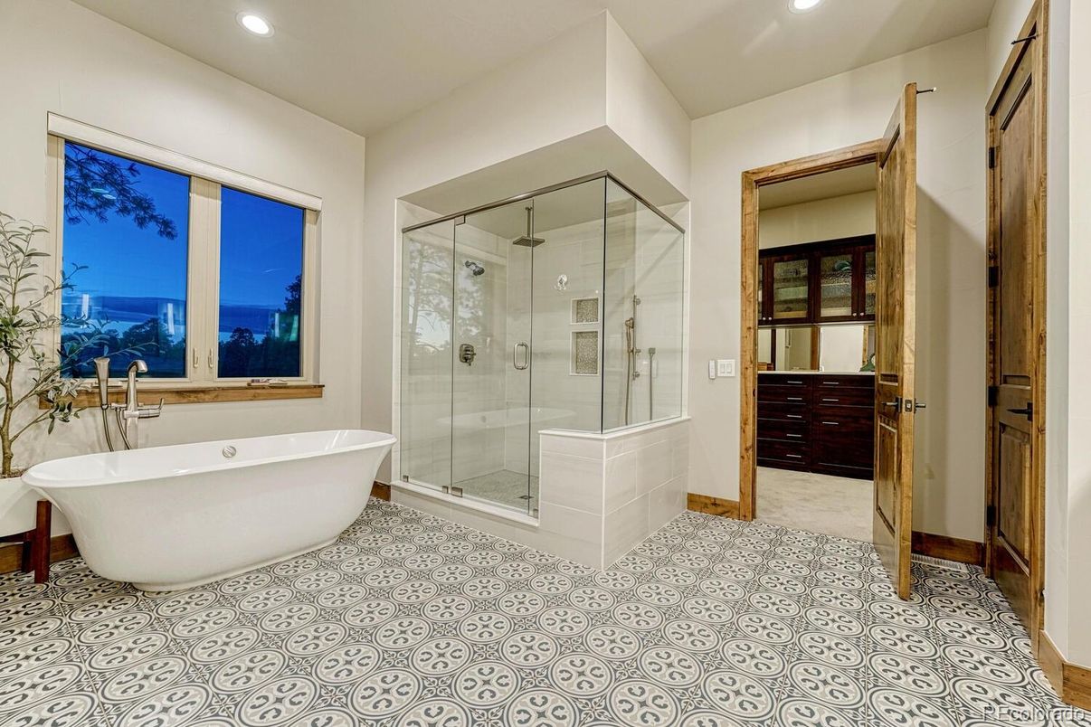 Bathroom, Free Standing Baths, Glass Shower, Interior, Recessed Lighting