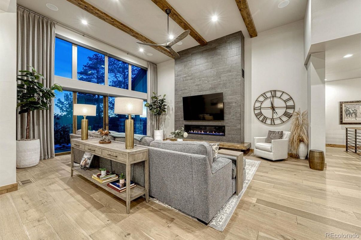 Interior, Living room, Recessed Lighting, Stone Walls, Wooden Beams, Wood Texture Flooring