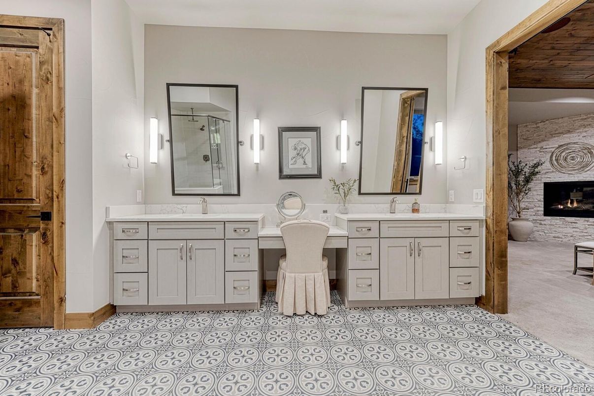 Bathroom, Dual Sink Vanities, Fireplace, Interior