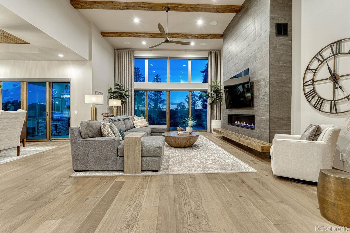 Fireplace, Interior, Living room, Recessed Lighting, Stone Walls, Wooden Beams, Wood Texture Flooring