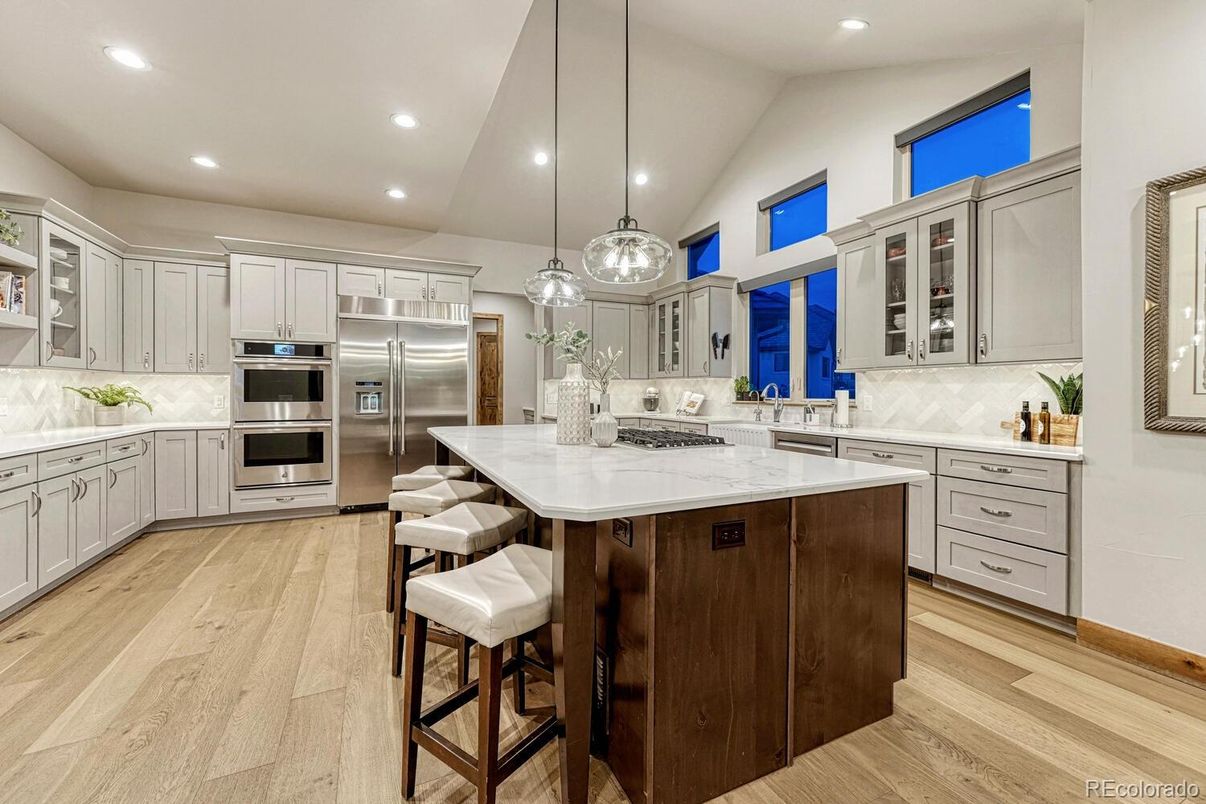 Interior, Kitchen, Pendant Lights, Recessed Lighting, Stainless Steel Appliances, Wood Texture Flooring