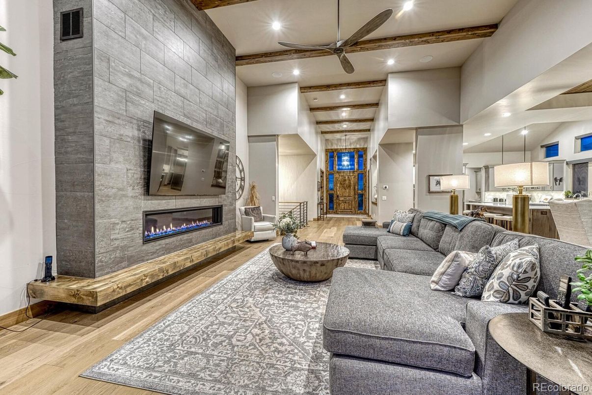 Fireplace, Interior, Kitchen, Living room, Recessed Lighting, Stone Walls, Wooden Beams, Wood Texture Flooring