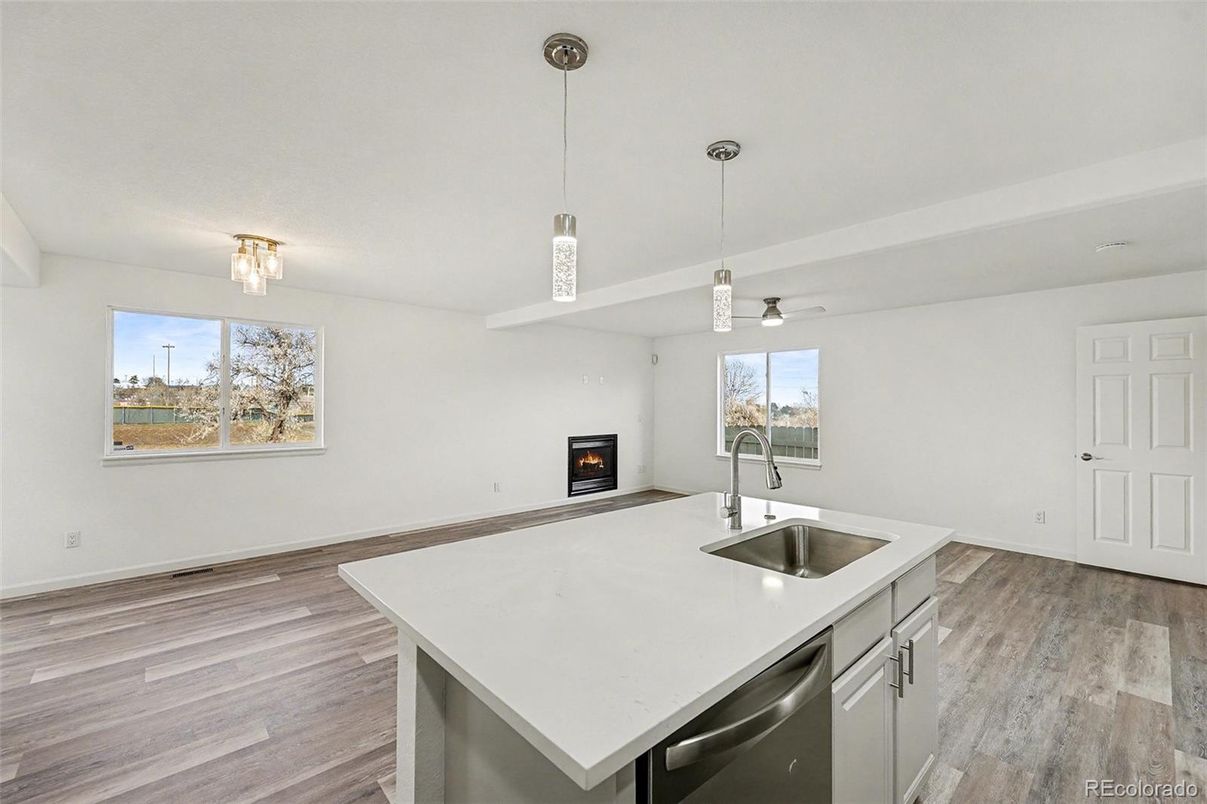 Fireplace, Interior, Kitchen, Pendant Lights, Wood Texture Flooring