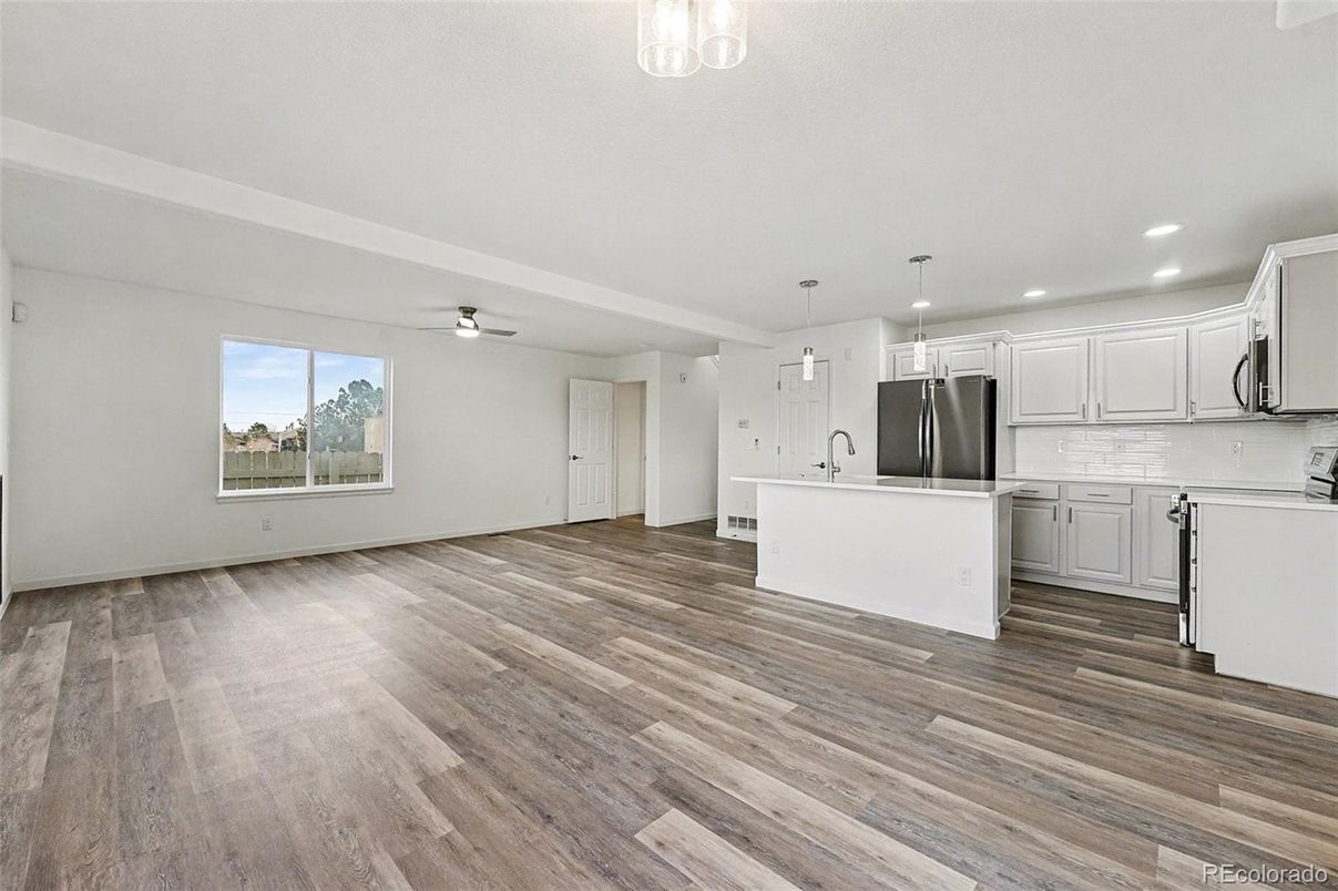 Empty room, Interior, Kitchen, Pendant Lights, Recessed Lighting, Wood Texture Flooring