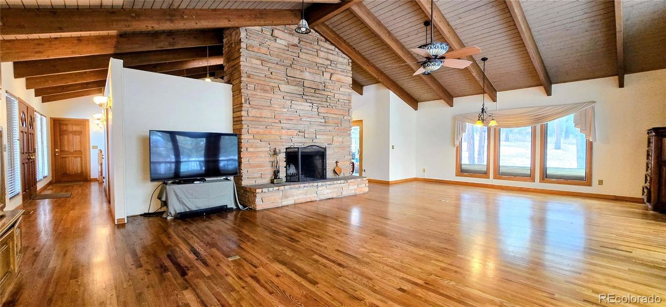 Empty room, Fireplace, Interior, Stone Walls, Wooden Beams, Wooden Ceilings, Wood Texture Flooring