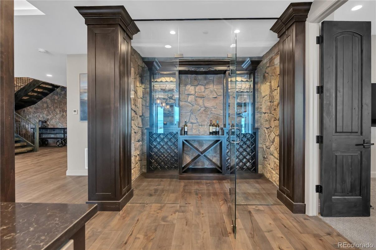 Interior, Recessed Lighting, Stone Walls, Wine Storage, Wood Texture Flooring