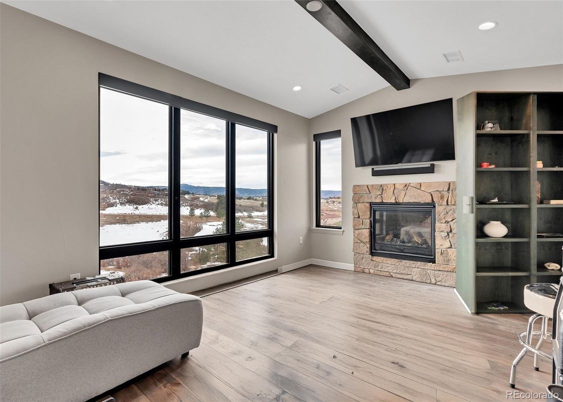 Fireplace, Interior, Recessed Lighting, Water, Wooden Beams, Wood Texture Flooring