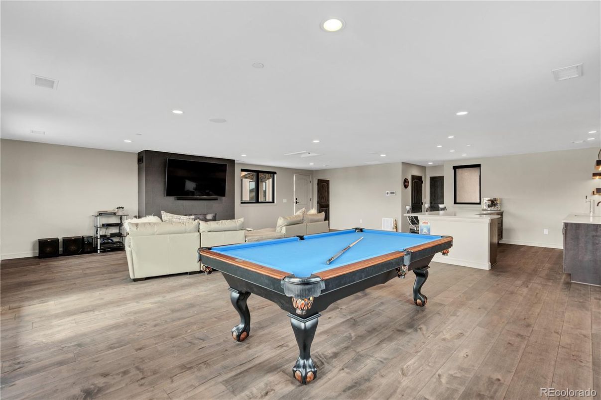 Billiard Table, Game Room, Interior, Recessed Lighting, Wood Texture Flooring