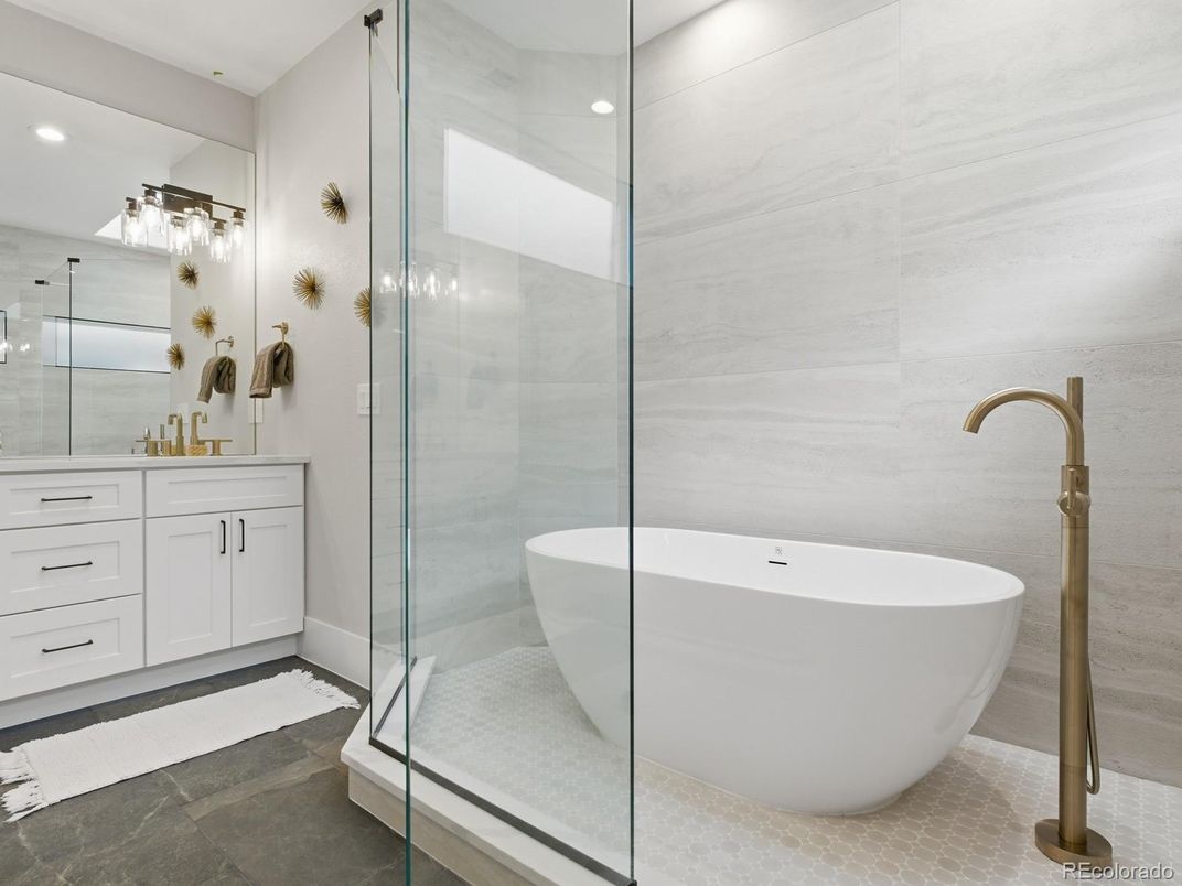 Bathroom, Free Standing Baths, Glass Shower, Interior, Recessed Lighting