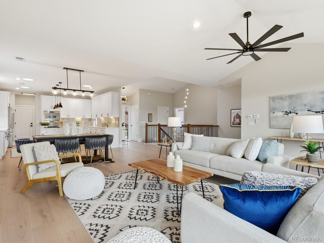 Dining room, Interior, Kitchen, Living room, Pendant Lights, Recessed Lighting, Stainless Steel Appliances, Wood Texture Flooring