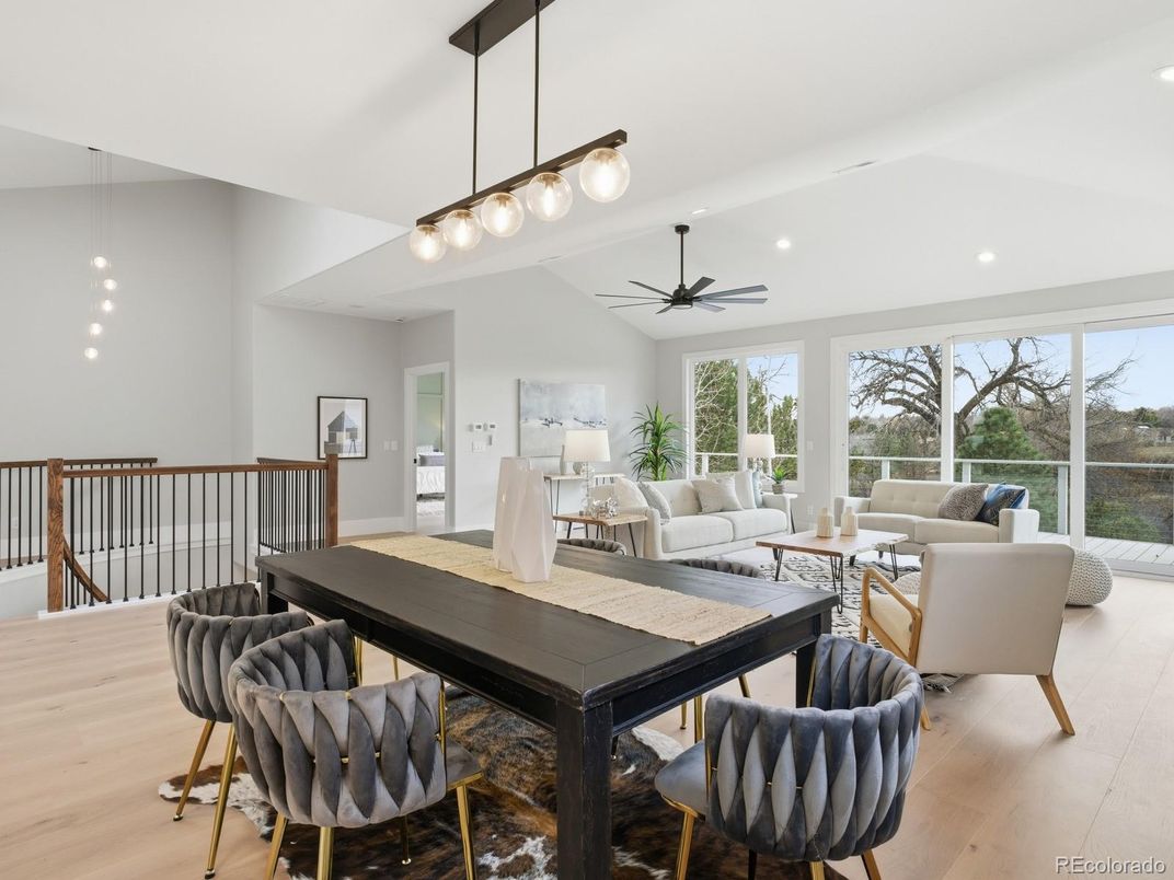 Dining room, Interior, Living room, Pendant Lights, Recessed Lighting, Wood Texture Flooring