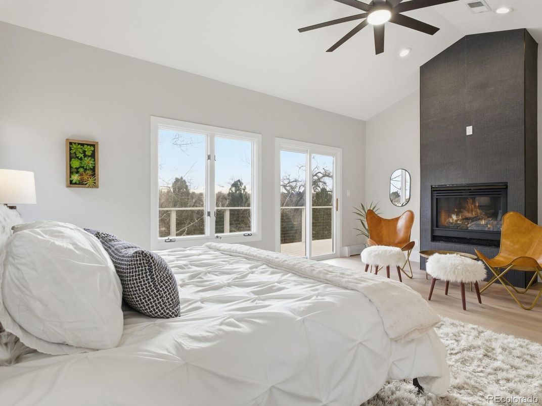 Bedroom, Fireplace, Interior, Recessed Lighting, Wood Texture Flooring