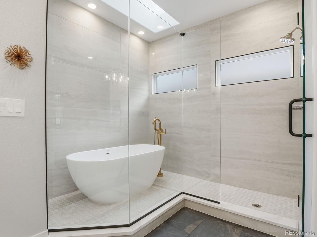 Bathroom, Free Standing Baths, Glass Shower, Interior, Recessed Lighting