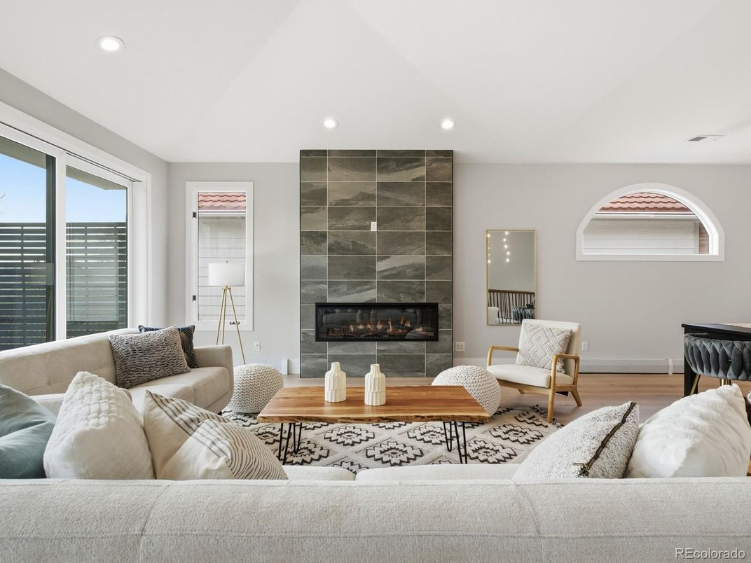 Fireplace, Interior, Living room, Recessed Lighting, Wood Texture Flooring