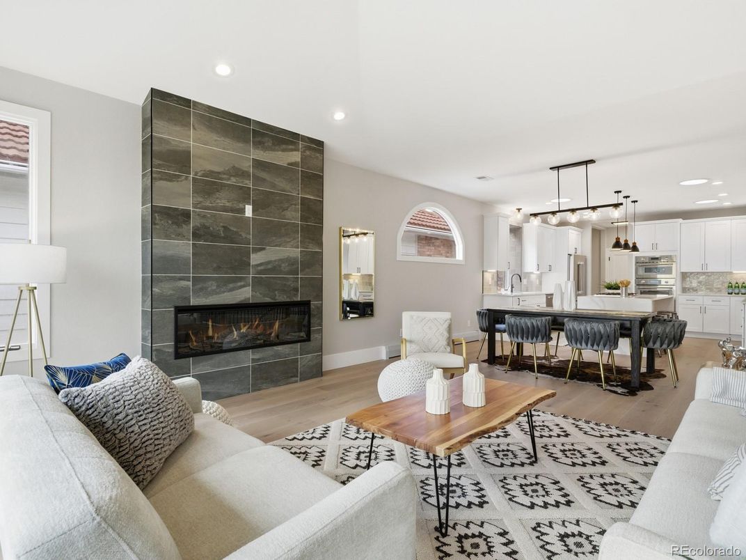 Dining room, Fireplace, Interior, Kitchen, Living room, Pendant Lights, Recessed Lighting, Wood Texture Flooring