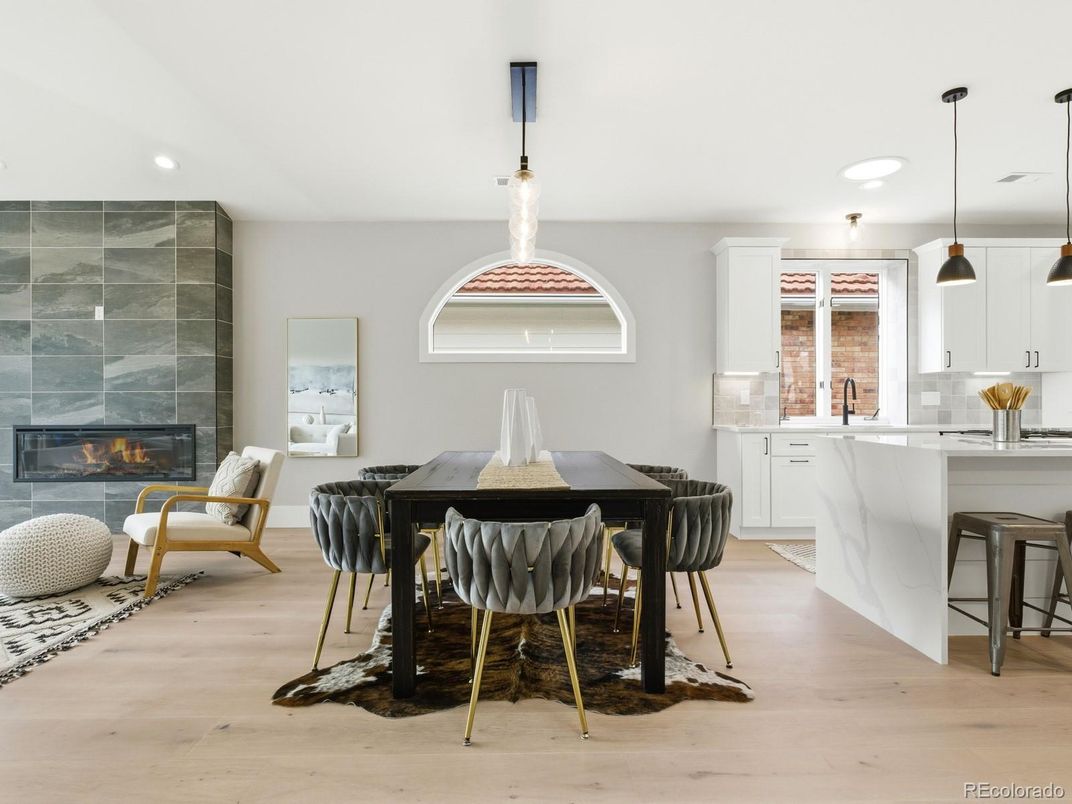 Dining room, Fireplace, Interior, Kitchen, Pendant Lights, Recessed Lighting, Wood Texture Flooring