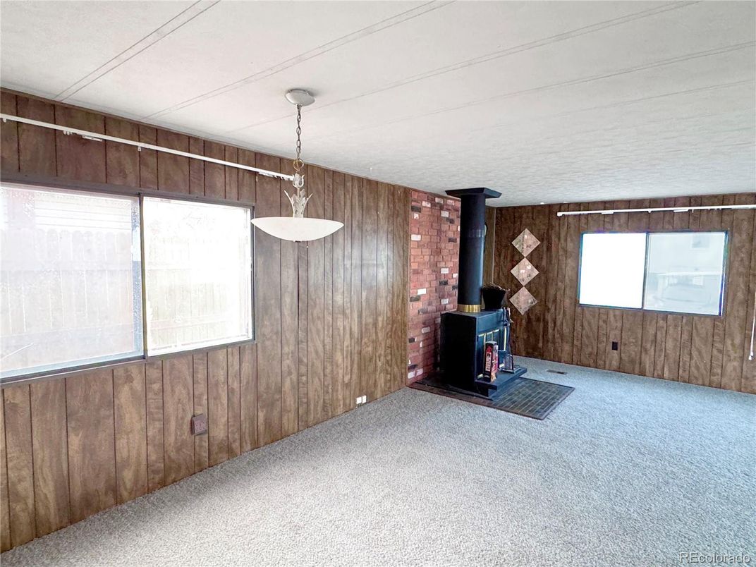 Empty room, Fireplace, Interior, Pendant Lights, Stone Walls, Wooden Walls