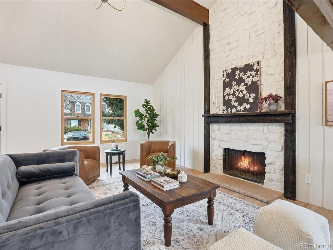 Fireplace, Interior, Living room, Stone Walls, Wooden Beams