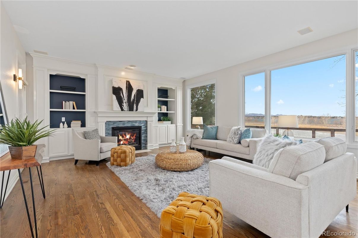 Fireplace, Interior, Living room, Recessed Lighting, Wood Texture Flooring