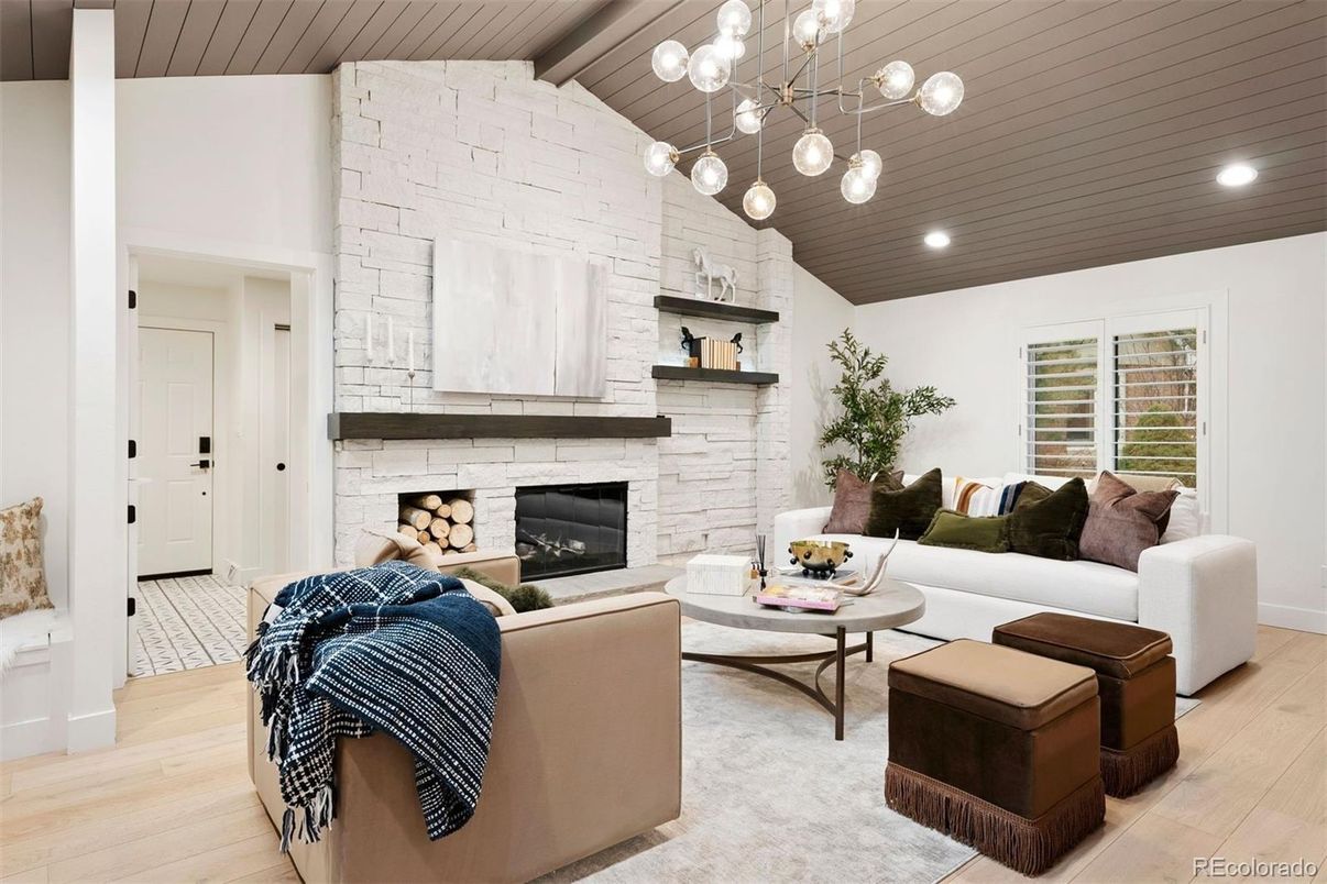 Fireplace, Interior, Living room, Pendant Lights, Recessed Lighting, Stone Walls, Wooden Ceilings, Wood Texture Flooring