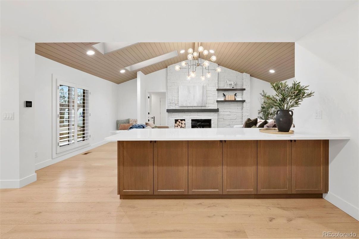 Fireplace, Interior, Pendant Lights, Recessed Lighting, Wooden Ceilings, Wood Texture Flooring