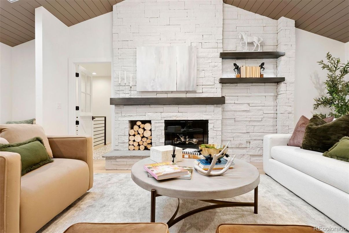 Fireplace, Interior, Living room, Stone Walls, Wood Texture Flooring