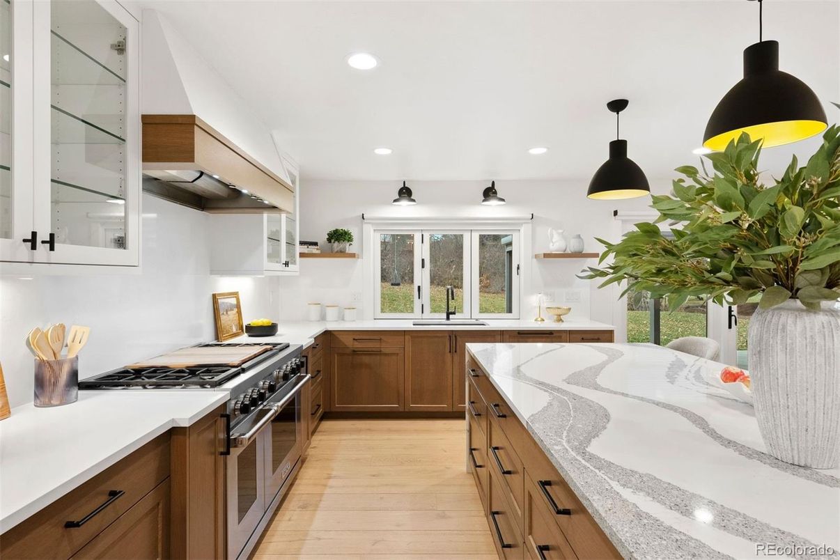 Interior, Kitchen, Pendant Lights, Recessed Lighting, Stainless Steel Appliances, Wood Texture Flooring