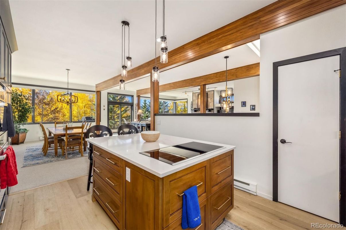 Dining room, Interior, Pendant Lights, Wood Texture Flooring