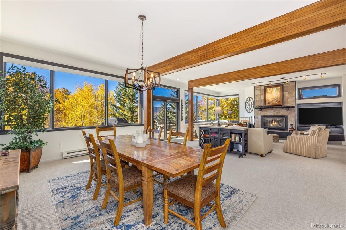Dining room, Fireplace, Interior, Living room, Pendant Lights, Wooden Beams