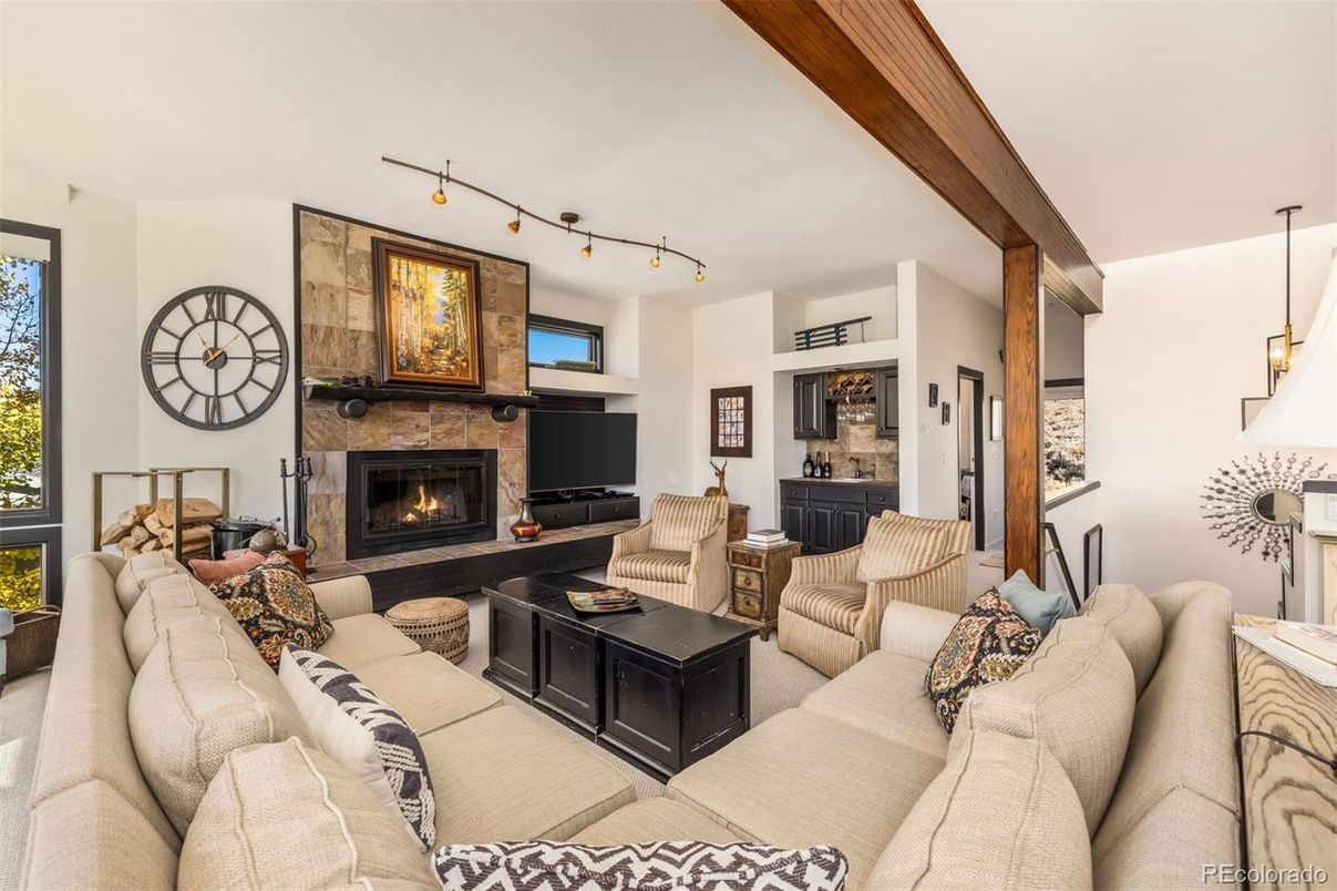 Fireplace, Interior, Living room, Pendant Lights, Wooden Beams