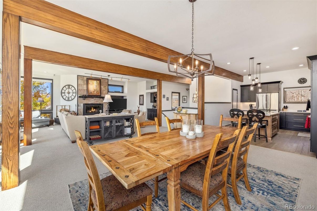 Dining room, Fireplace, Interior, Kitchen, Living room, Pendant Lights, Recessed Lighting