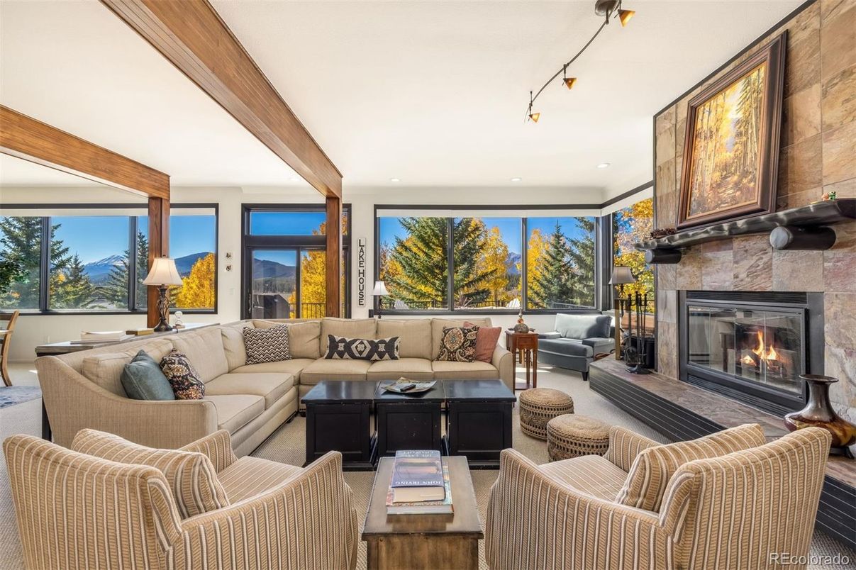 Fireplace, Interior, Living room, Recessed Lighting, Wooden Beams