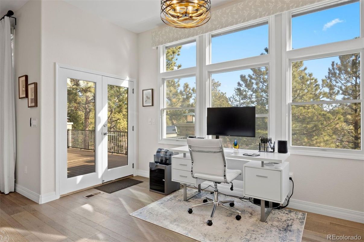 Chandelier, Home Office, Interior, Wood Texture Flooring