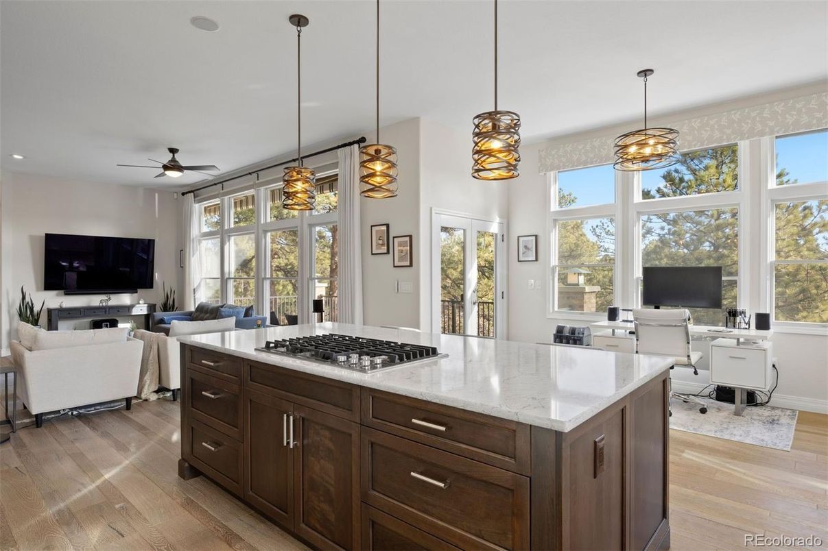 Interior, Kitchen, Living room, Pendant Lights, Recessed Lighting, Wood Texture Flooring