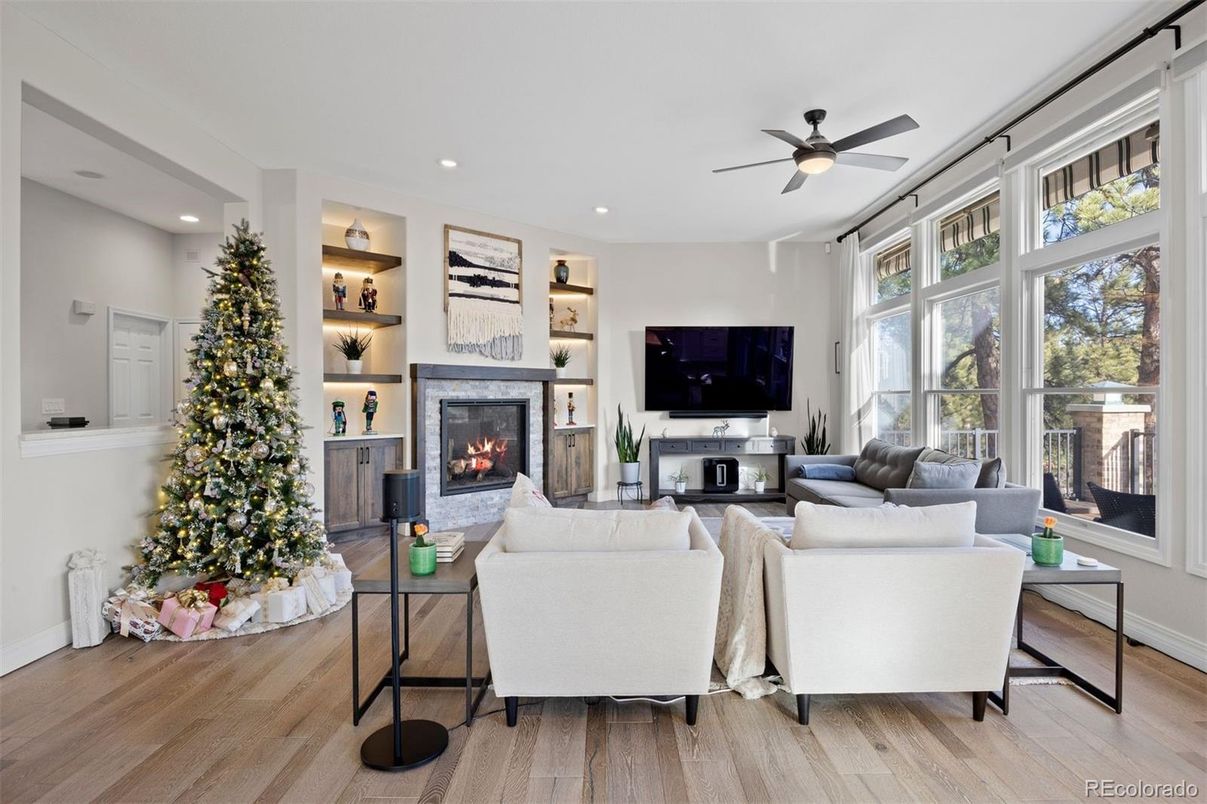 Fireplace, Interior, Living room, Recessed Lighting, Wood Texture Flooring