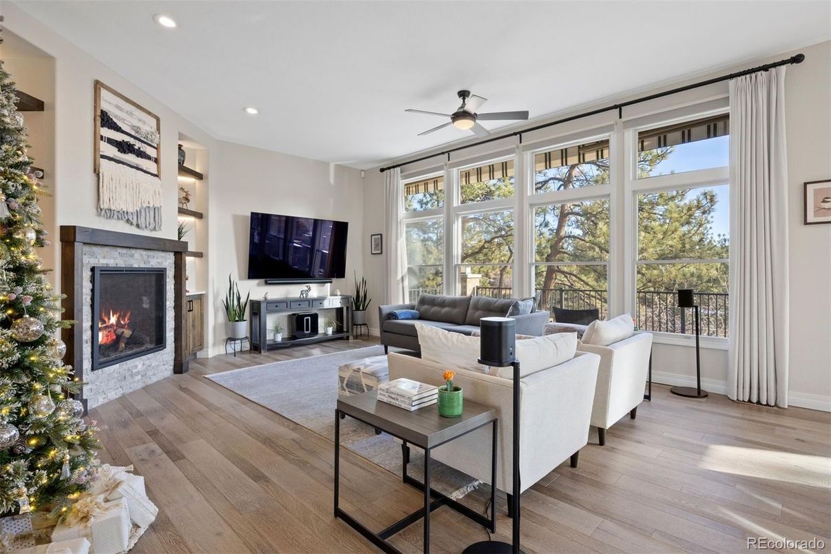 Fireplace, Interior, Living room, Recessed Lighting, Wood Texture Flooring