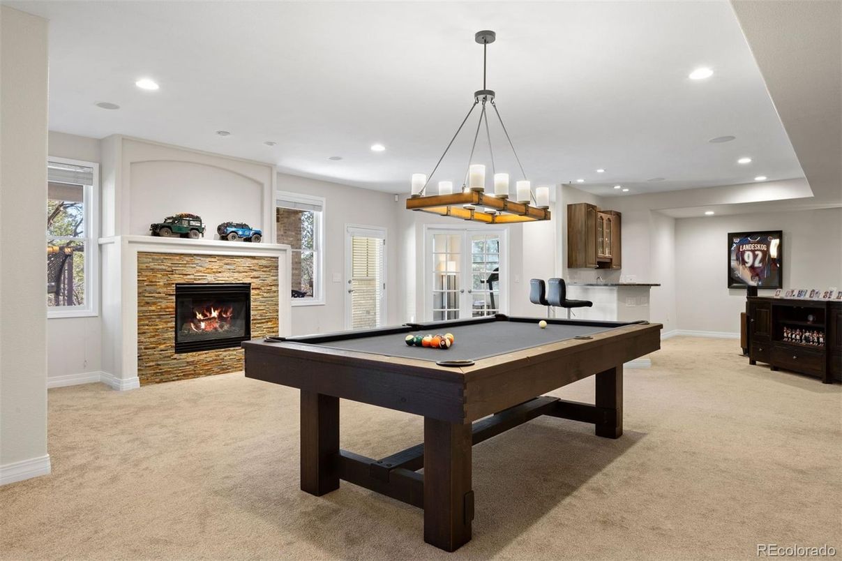 Billiard Table, Fireplace, Game Room, Interior, Pendant Lights, Recessed Lighting
