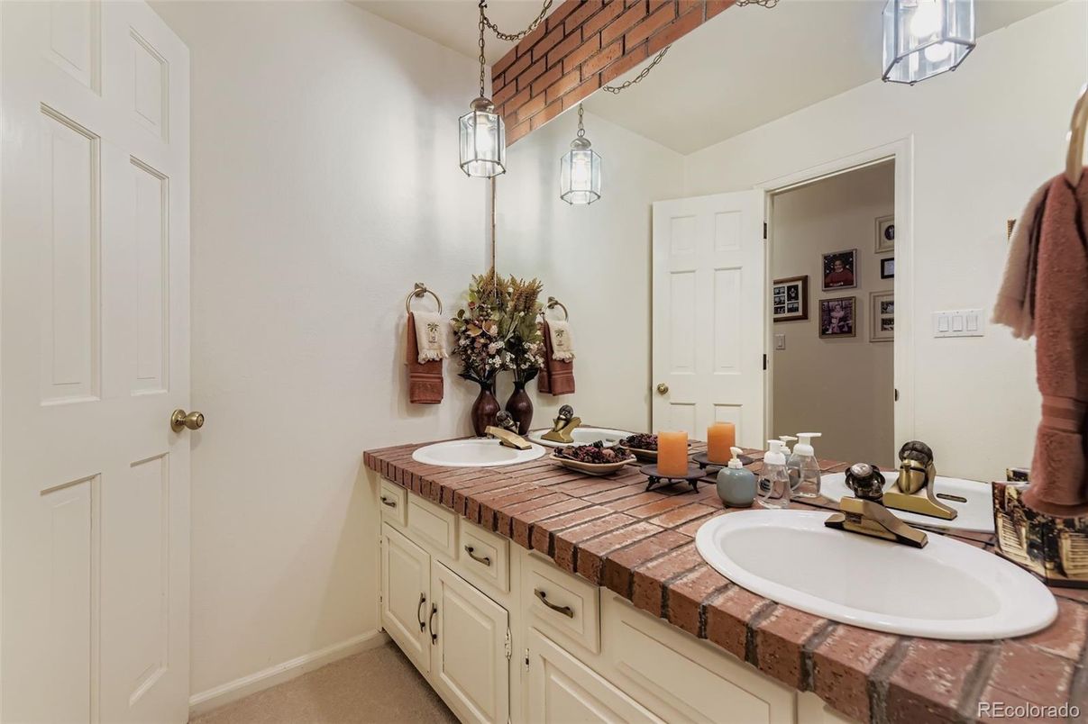 Bathroom, Dual Sink Vanities, Interior, Pendant Lights, Tile Countertops