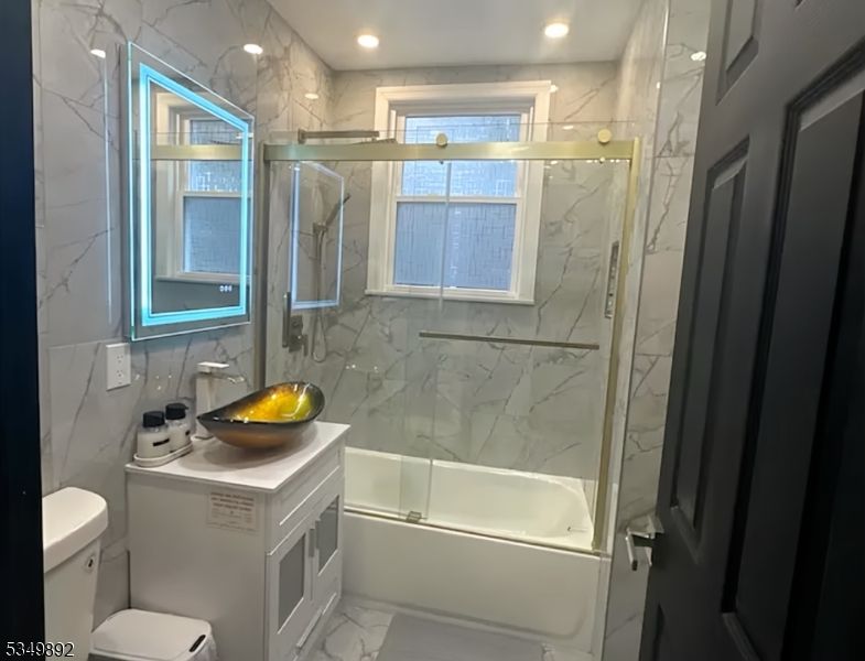 Bathroom, Glass Shower, Interior, Marble, Marble Walls, Recessed Lighting