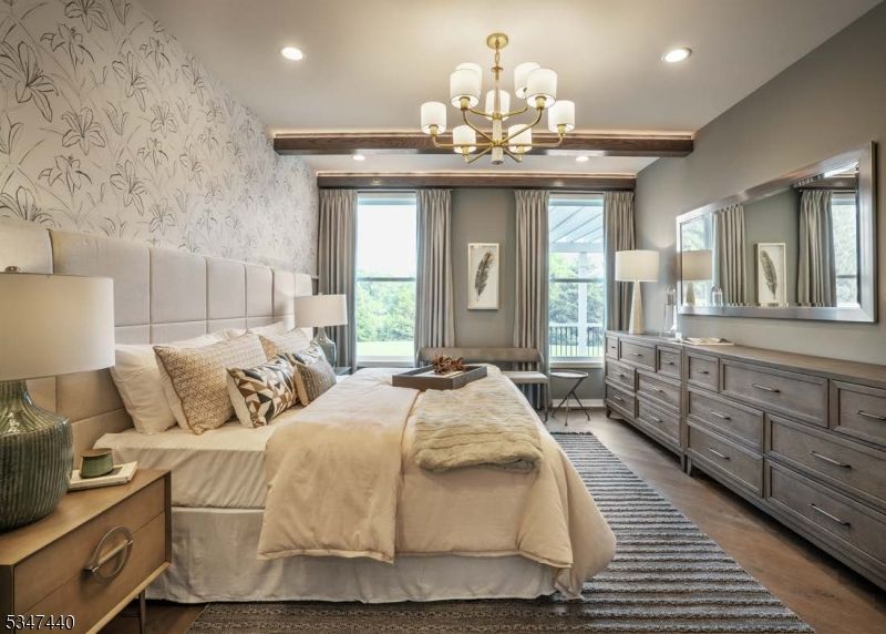 Bedroom, Chandelier, Interior, Recessed Lighting, Wood Texture Flooring