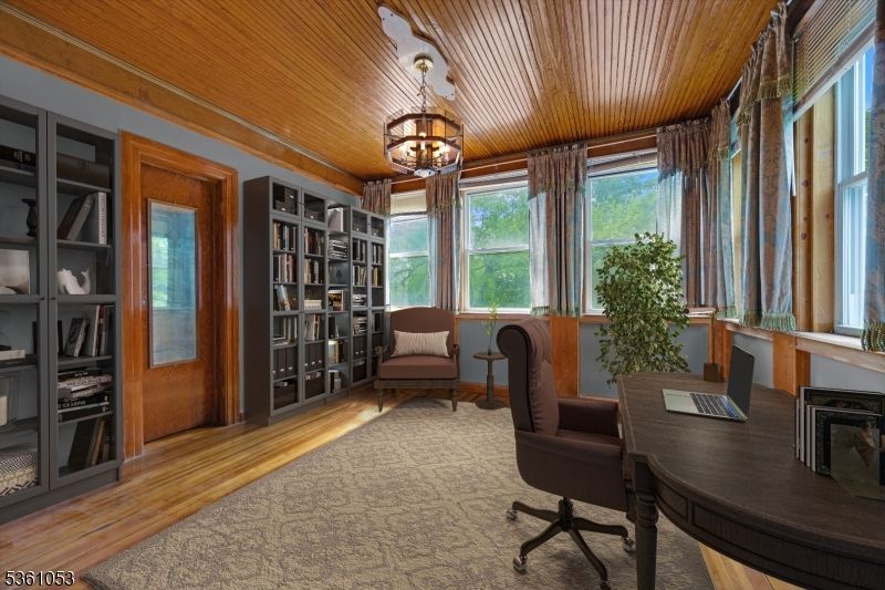 Chandelier, Home Office, Interior, Wooden Ceilings, Wood Texture Flooring